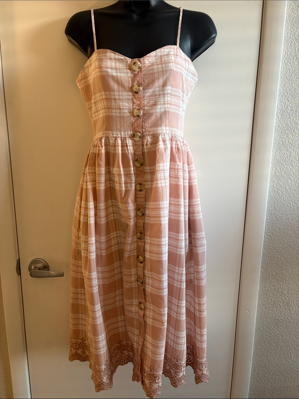 HARPER Heritage Cotton Cottagecore Pink Plaid Button Sundress Eyelet Trim SZ S